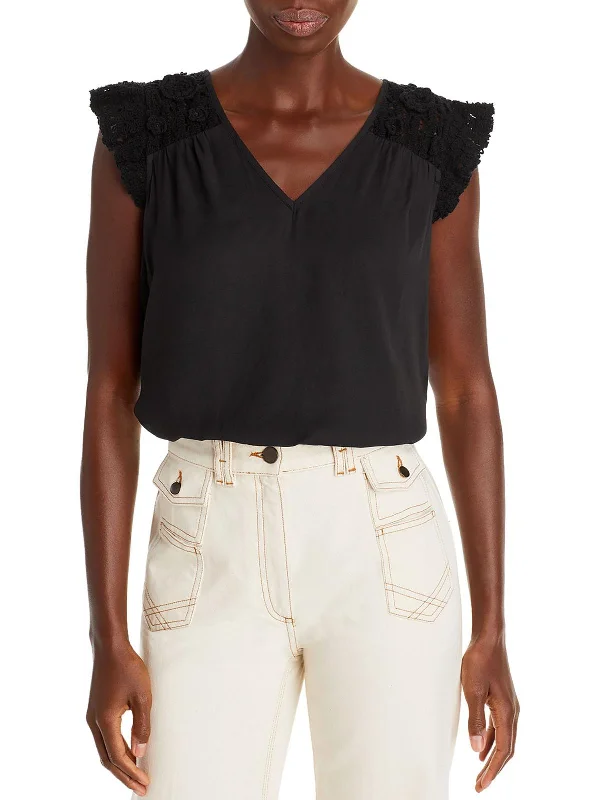 Womens V-Neck Crochet Blouse Floral Print Blouse