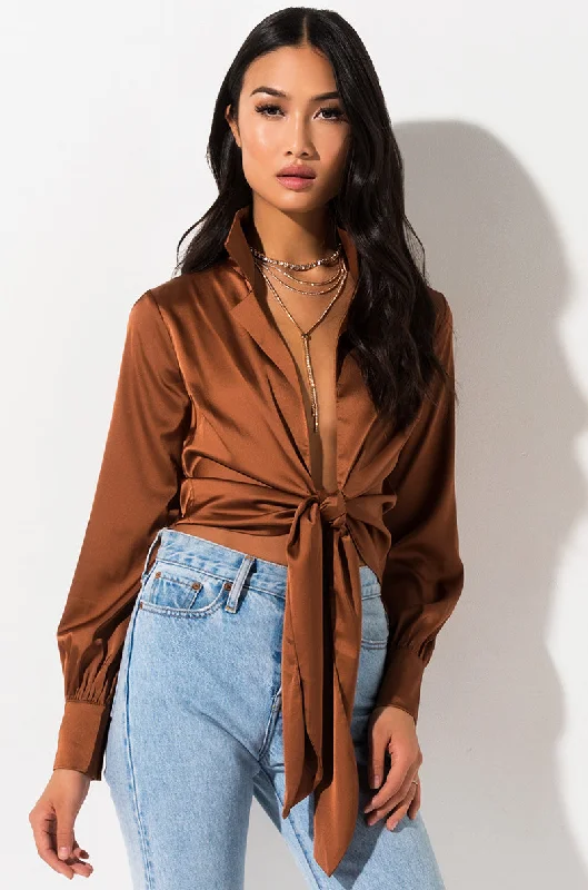 WRAP ME TIE FRONT BLOUSE BROWN Classic White Blouse
