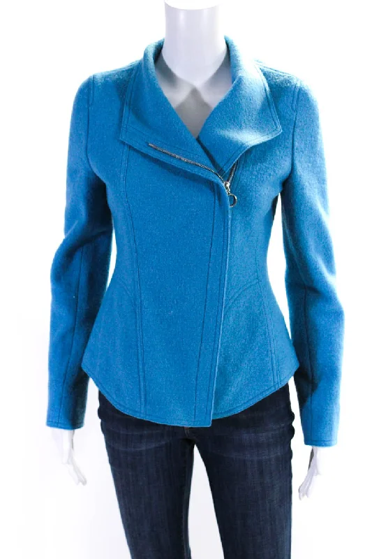 Akris Punto Womens Asymmetrical Felt Zip Jacket Blue Wool Handmade Hand-knitted Hand-woven Akris Punto Womens Asymmetrical Felt Zip Jacket Blue Wool Handmade Hand-knitted Hand-woven