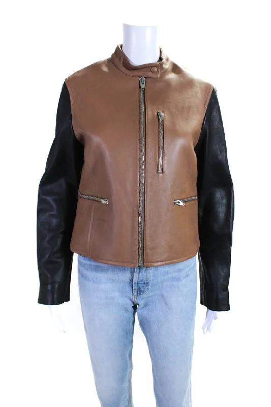 Alexander Wang Womens Colorblock Long Sleeve Darted Zipped Jacket Brown Plaid T-Shirt Polka Dot Checkered