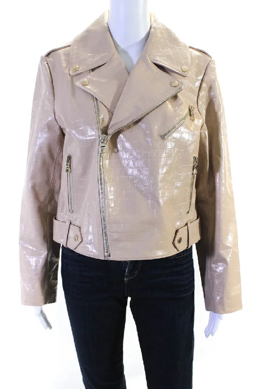 Alice + Olivia Womens Croc Embossed Long Sleeve Zip Up Jacket Nude Knit Fabric Woven Fabric Fleece Fabric