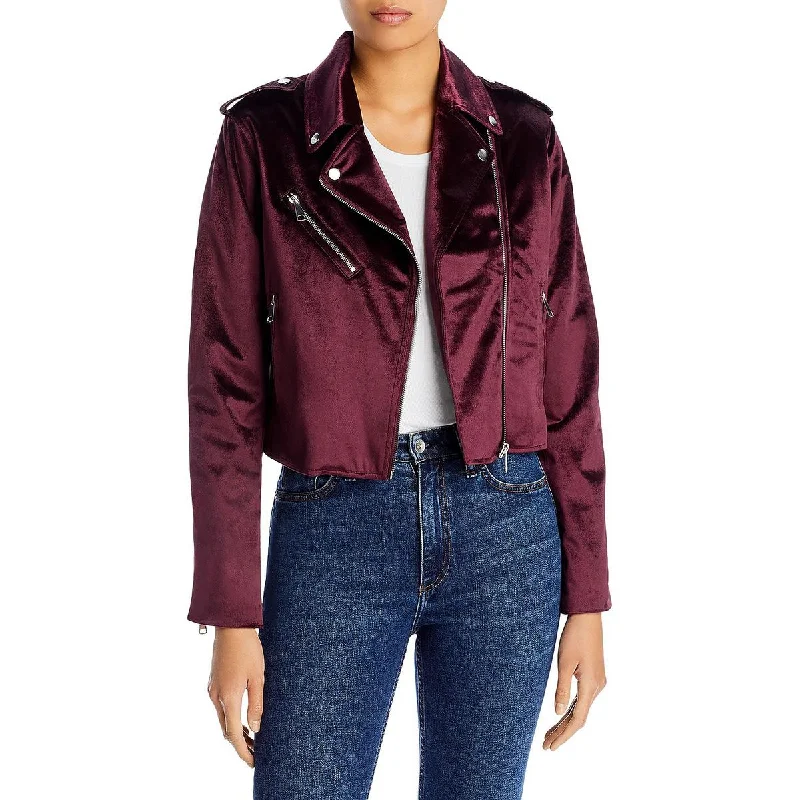 Bagatelle Womens Velvet Cropped Motorcycle Jacket Polka Dot Checkered Tartan