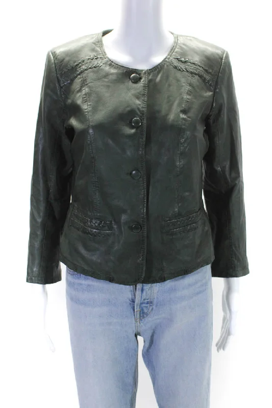 Bully Womens Leather Textured Woven Buttoned Darted Jacket Green Boxy Fit Fitted Loose Bully Womens Leather Textured Woven Buttoned Darted Jacket Green Boxy Fit Fitted Loose