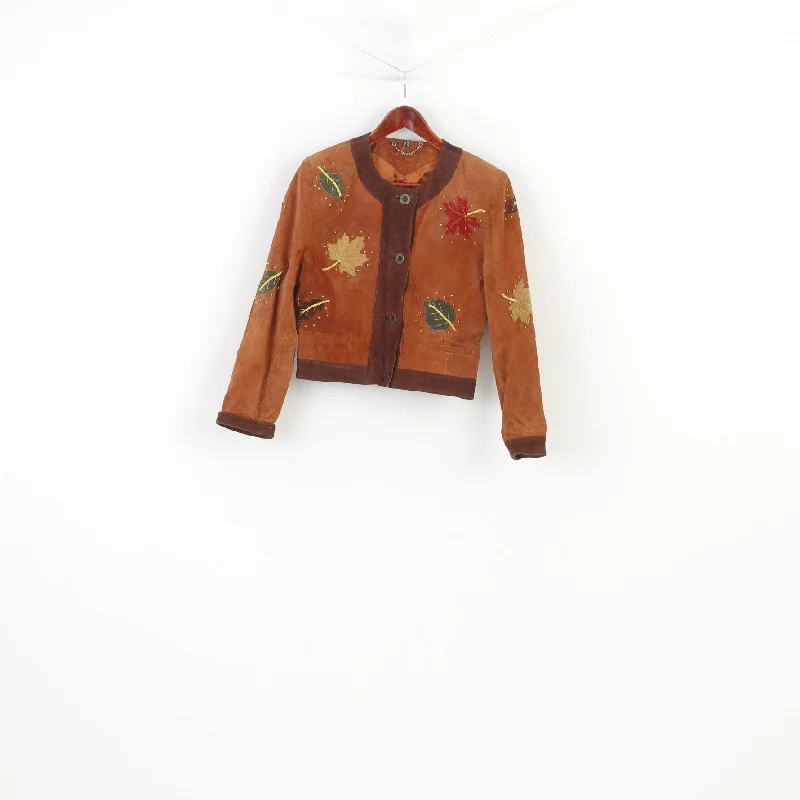 C&A Yessica Women 10 36 S Leather Jacket Shoulder Pads Suede Leaves Brown Vintage Bottoms Nature Print Top Front Pockets Side Pockets Patch Pockets C&A Yessica Women 10 36 S Leather Jacket Shoulder Pads Suede Leaves Brown Vintage Bottoms Nature Print Top Front Pockets Side Pockets Patch Pockets