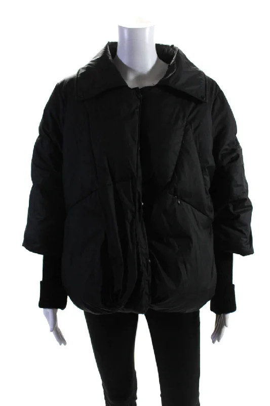 Daniella Erin NYC Womens Button Front Down Quilted Oversized Jacket Black Small Asymmetrical Pockets Print Daniella Erin NYC Womens Button Front Down Quilted Oversized Jacket Black Small Asymmetrical Pockets Print
