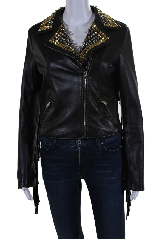 David 2 Womens Front Zip Studded Notched Lapel Fringe Leather Jacket Black IT 44 Fleece Fabric Down Fabric Feather Fabric David 2 Womens Front Zip Studded Notched Lapel Fringe Leather Jacket Black IT 44 Fleece Fabric Down Fabric Feather Fabric