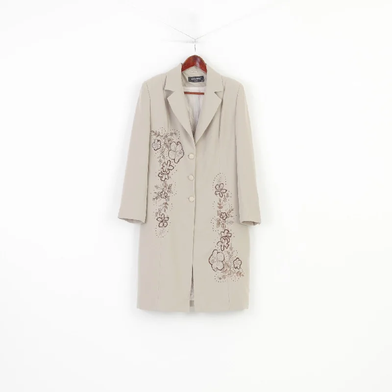 Doganer Women 44 L Coat Single Breasted Beige Shoulder Pads Embroidered Flowers Bottoms Collar Vintage Jacket Anti-Pilling Machine Wash Handmade Doganer Women 44 L Coat Single Breasted Beige Shoulder Pads Embroidered Flowers Bottoms Collar Vintage Jacket Anti-Pilling Machine Wash Handmade