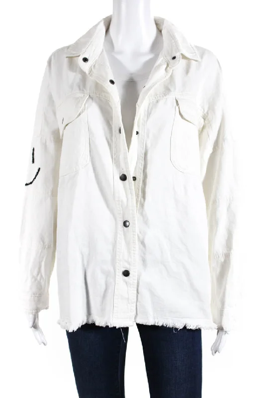 Elan Womens Embroidered Smile Oversize Denim Snap Jacket White Iron Safe Non-Iron Wrinkle Free Elan Womens Embroidered Smile Oversize Denim Snap Jacket White Iron Safe Non-Iron Wrinkle Free