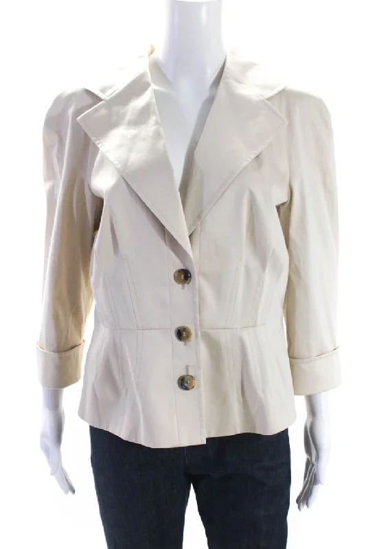 Escada Womens Button Down Belted Jacket Beige Cotton Hooded Caped Shawl Collar