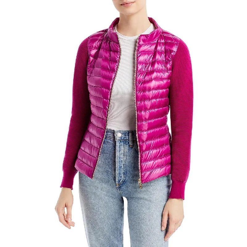 Herno Womens Quilted Mixed Media Puffer Jacket V-Neck T-Shirt Long Sleeve Cotton