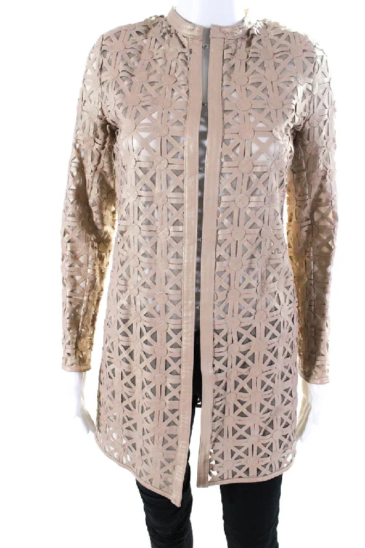 In Transit Womens Laser Cut Leather Hook & Eye Long Jacket Beige Beaded Sequined Faux Fur In Transit Womens Laser Cut Leather Hook & Eye Long Jacket Beige Beaded Sequined Faux Fur