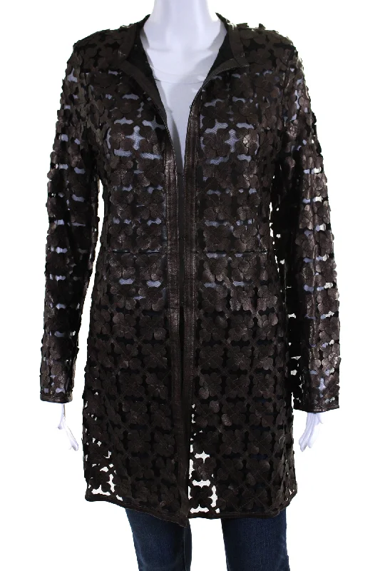 In Transit Womens Laser Cut Metallic Mesh Leather Jacket Dark Brown Black Medium V-Neck T-Shirt Long Sleeve Cotton In Transit Womens Laser Cut Metallic Mesh Leather Jacket Dark Brown Black Medium V-Neck T-Shirt Long Sleeve Cotton