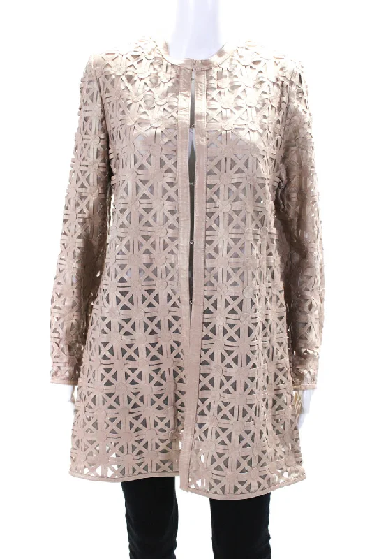In Transit Womens Metallic Laser Cut Leather Mesh Hook & Eye Jacket Beige Large Graphic Embroidered Appliqued In Transit Womens Metallic Laser Cut Leather Mesh Hook & Eye Jacket Beige Large Graphic Embroidered Appliqued