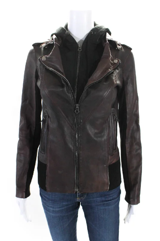JKT Womens Leather Double Zip Hooded Ribbed Trim Jacket Brown Wool Fabric Cashmere Fabric Tweed Fabric JKT Womens Leather Double Zip Hooded Ribbed Trim Jacket Brown Wool Fabric Cashmere Fabric Tweed Fabric