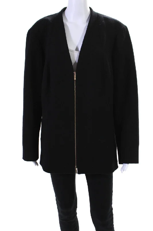 Lafayette 148 New York Womens Wool V-Neck Darted Zipped Jacket Black Mesh Fabric Canvas Fabric Denim Fabric