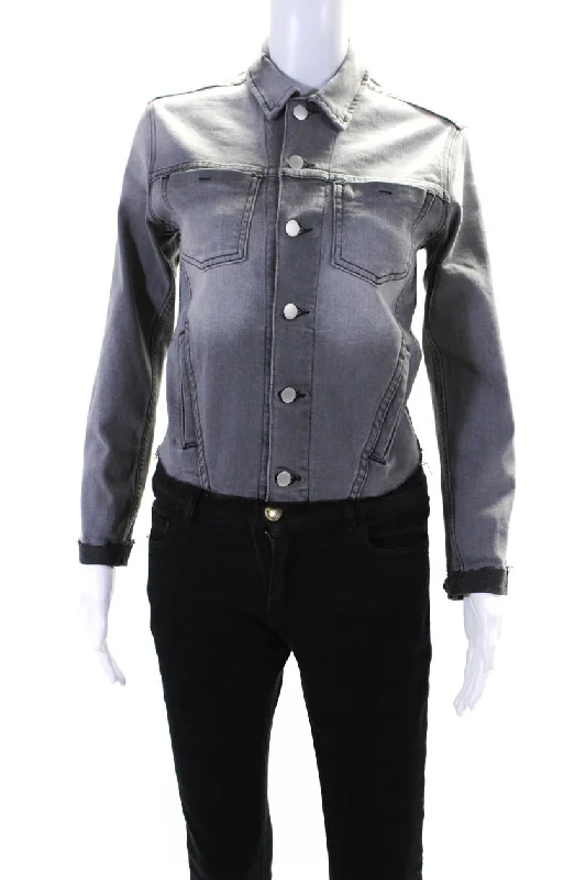 L'Agence Womens Raw Hem Cutoff Faded Wash Button Up Denim Jacket Gray Basic T-Shirt Crew Neck Short Sleeve L'Agence Womens Raw Hem Cutoff Faded Wash Button Up Denim Jacket Gray Basic T-Shirt Crew Neck Short Sleeve