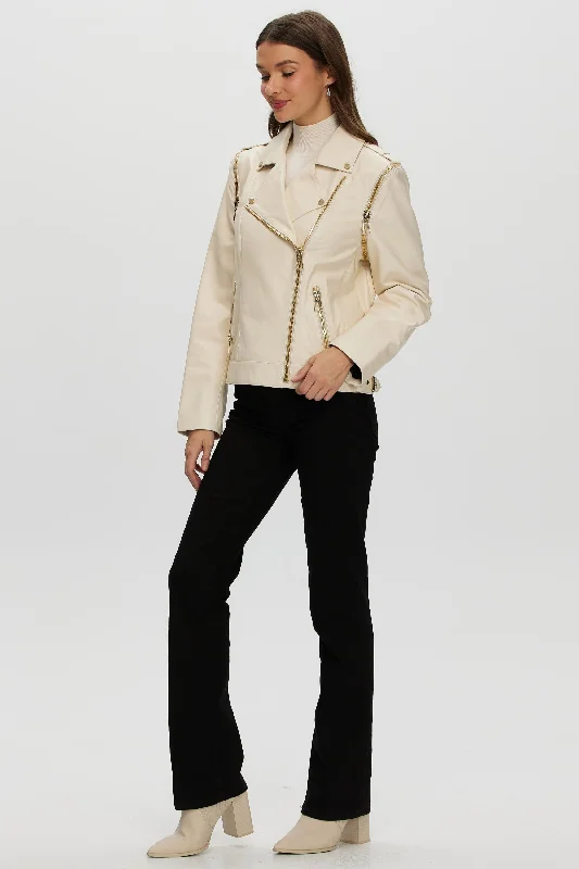 Leather Jacket with Detachable Sleeves Front Pockets Side Pockets Patch Pockets
