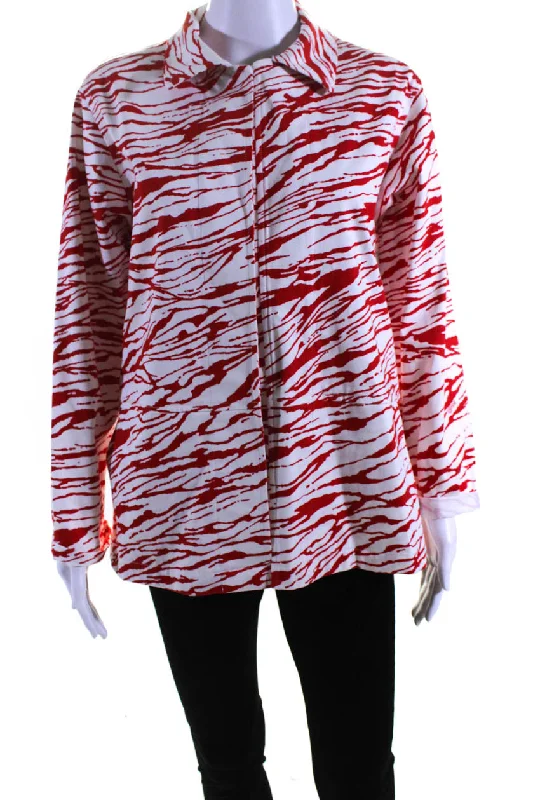 Leggiadro Womens Printed Hidden Placket Button Up Jacket Red White Fleece Fabric Down Fabric Feather Fabric Leggiadro Womens Printed Hidden Placket Button Up Jacket Red White Fleece Fabric Down Fabric Feather Fabric