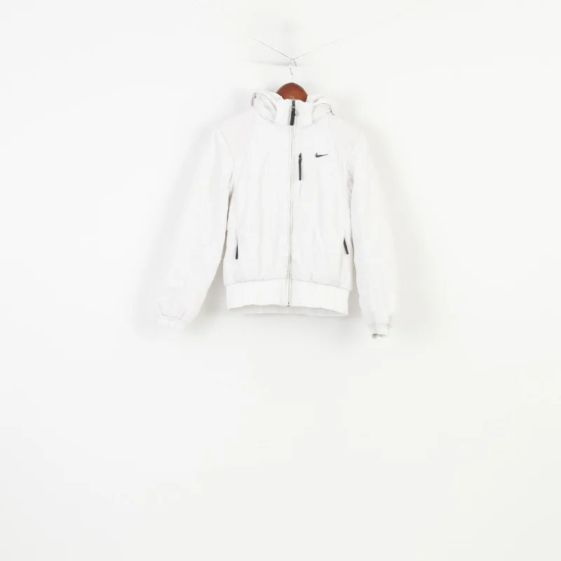 Nike Women 34 Jacket White Padded Hood Pockets Outwear Sport Vintage Top Machine Wash Dry Clean Hand Wash