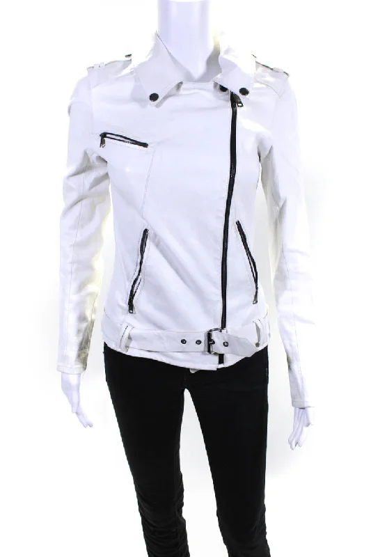 Nour Hammour Womens White Leather Belted Long Sleeve Motorcycle Jacket Ribbed T-Shirt High Neck Heavyweight Nour Hammour Womens White Leather Belted Long Sleeve Motorcycle Jacket Ribbed T-Shirt High Neck Heavyweight