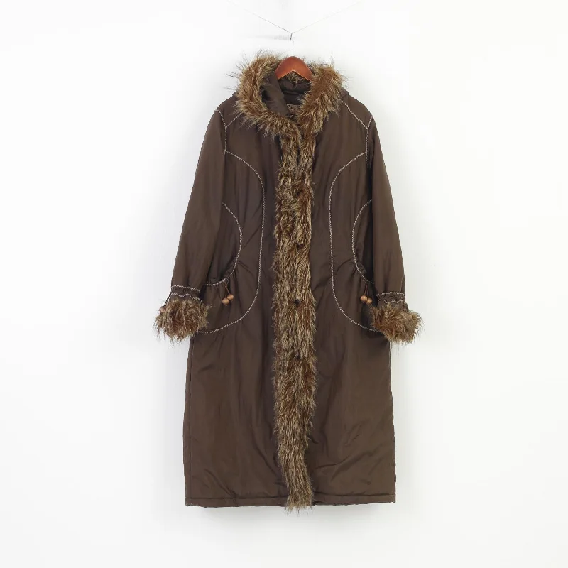 Ozzo Women XXL Coat Jacket Brown Padded Fur Hood Pockets Nylon Vintage Top Striped Floral Plaid Ozzo Women XXL Coat Jacket Brown Padded Fur Hood Pockets Nylon Vintage Top Striped Floral Plaid