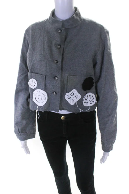 Phos Phoro Womens Cropped Jacket Grey Marle Zippered Front Buttoned Front Snap Front Phos Phoro Womens Cropped Jacket Grey Marle Zippered Front Buttoned Front Snap Front