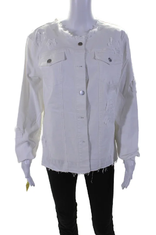 Renuar Womens Cotton Buttoned Fringed Textured Long Sleeve Jacket White Print Jacquard Patchwork Renuar Womens Cotton Buttoned Fringed Textured Long Sleeve Jacket White Print Jacquard Patchwork