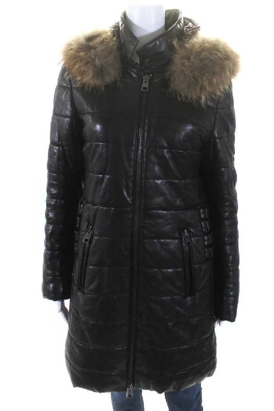 Rizal Womens Zip Up Leather Down Quilted Raccoon Fur Hooded Jacket Black Large Casual Formal Business Rizal Womens Zip Up Leather Down Quilted Raccoon Fur Hooded Jacket Black Large Casual Formal Business