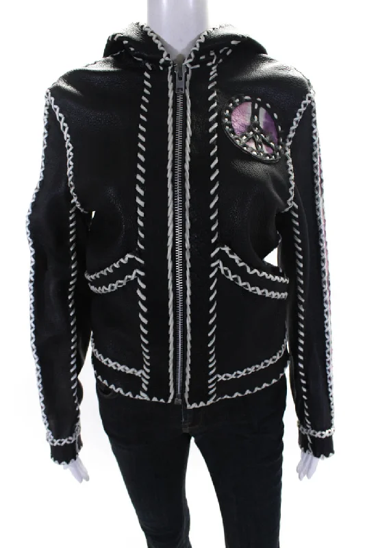 Robert Warner Womens Front Zip Hooded Stitched Leather Jacket Black Graphic T-Shirt Round Neck Polyester Robert Warner Womens Front Zip Hooded Stitched Leather Jacket Black Graphic T-Shirt Round Neck Polyester