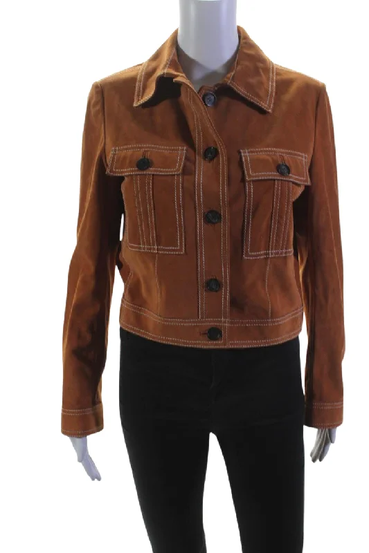 Salvatore Ferragamo Womens Suede Button Down Jacket Orange Polka Dot Checkered Tartan Salvatore Ferragamo Womens Suede Button Down Jacket Orange Polka Dot Checkered Tartan