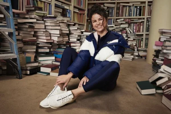Selena Gomez Blue White Puffer Jacket Mesh Blend Leather Blend Suede Blend