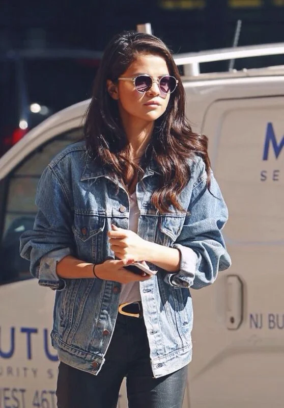 Selena Gomez Casual Denim Jacket Zippered Front Buttoned Front Snap Front