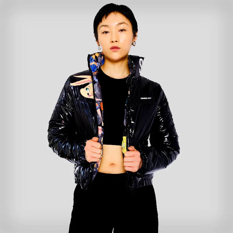 Women's Space Jam High Shine Puffer with Printed Jacket - FINAL SALE Sequined Glittery Shiny Women's Space Jam High Shine Puffer with Printed Jacket - FINAL SALE Sequined Glittery Shiny