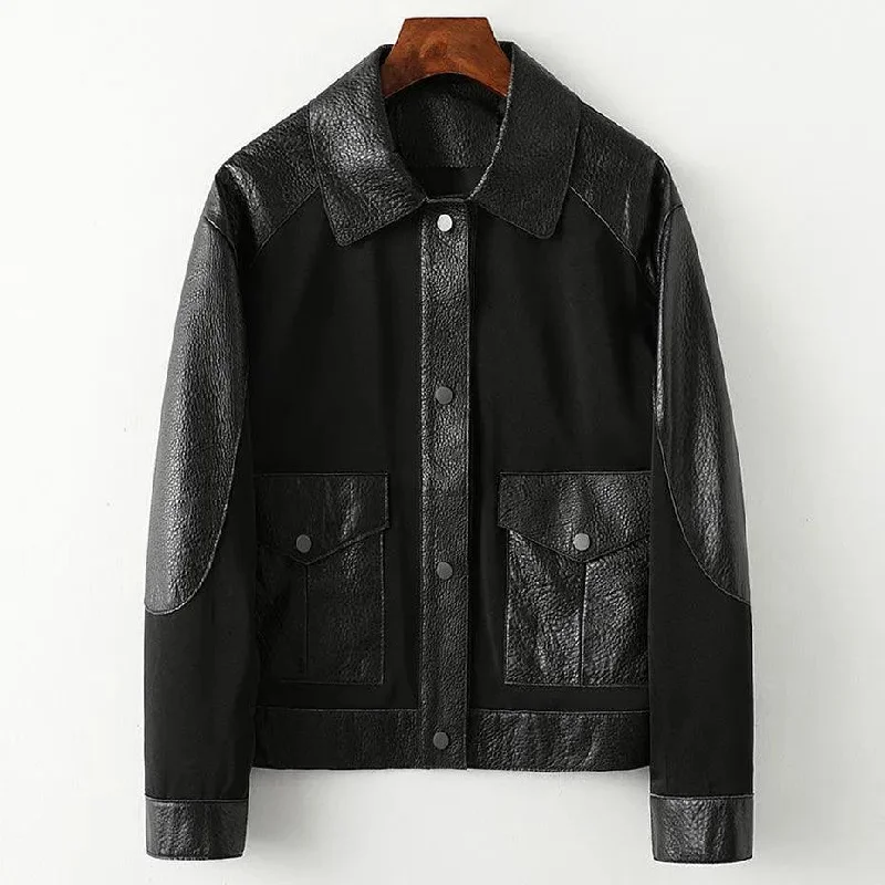 Spliced Leather Jacket For Women Embroidered Appliqued Beaded