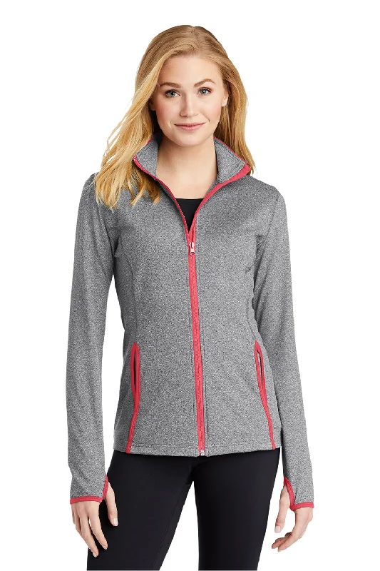 Sport-Tek Womens Sport-Wick Moisture Wicking Full Zip Jacket - Heather Charcoal Grey/Hot Coral Pink Hooded Caped Shawl Collar Sport-Tek Womens Sport-Wick Moisture Wicking Full Zip Jacket - Heather Charcoal Grey/Hot Coral Pink Hooded Caped Shawl Collar