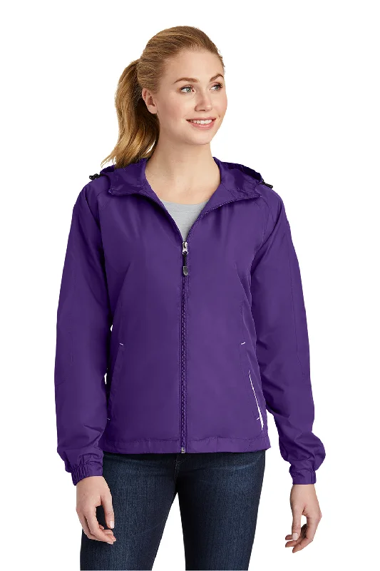 Sport-Tek Womens Water Resistant Full Zip Hooded Jacket - Purple/White Elasticated Padded Insulated Sport-Tek Womens Water Resistant Full Zip Hooded Jacket - Purple/White Elasticated Padded Insulated