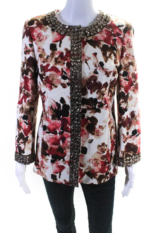 St. John Womens Button Front Crystal Trim Floral Jacket White Red Real Fur Shearling Chenille St. John Womens Button Front Crystal Trim Floral Jacket White Red Real Fur Shearling Chenille