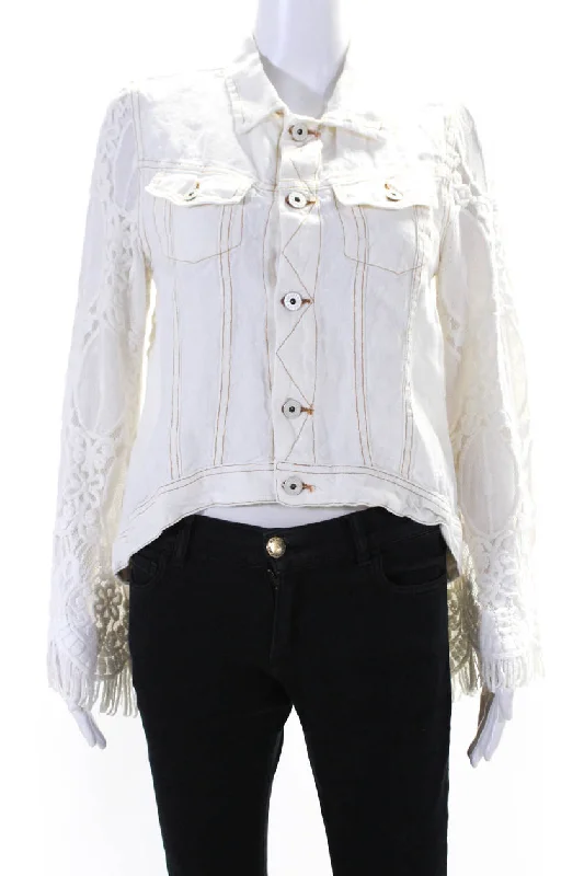 Sunday Tropez Womens Elvis Mesh Embroidered Sleeve Linen Jacket White Elegant Classic Vintage Sunday Tropez Womens Elvis Mesh Embroidered Sleeve Linen Jacket White Elegant Classic Vintage