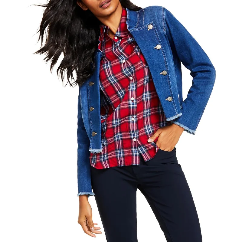 Tommy Hilfiger Womens Frayed Hem Layering Denim Jacket Rayon Velvet Corduroy