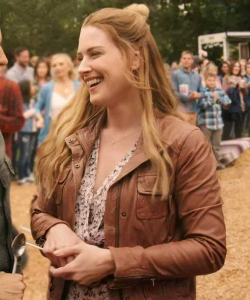 Virgin River S02 Melinda Monroe Brown Leather Jacket Zippered Front Buttoned Front Snap Front Virgin River S02 Melinda Monroe Brown Leather Jacket Zippered Front Buttoned Front Snap Front