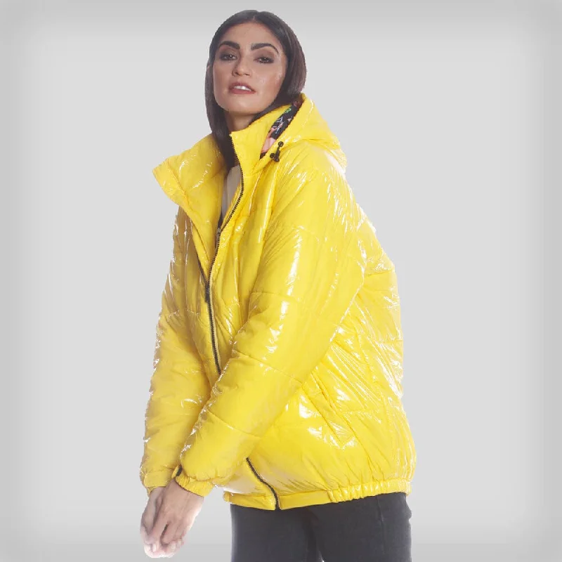 Women's Hi-Shine Chevron Quilt Puffer with Nickelodeon Mashup Print Lining Jacket - FINAL SALE Ribbed Striped Patterned Women's Hi-Shine Chevron Quilt Puffer with Nickelodeon Mashup Print Lining Jacket - FINAL SALE Ribbed Striped Patterned