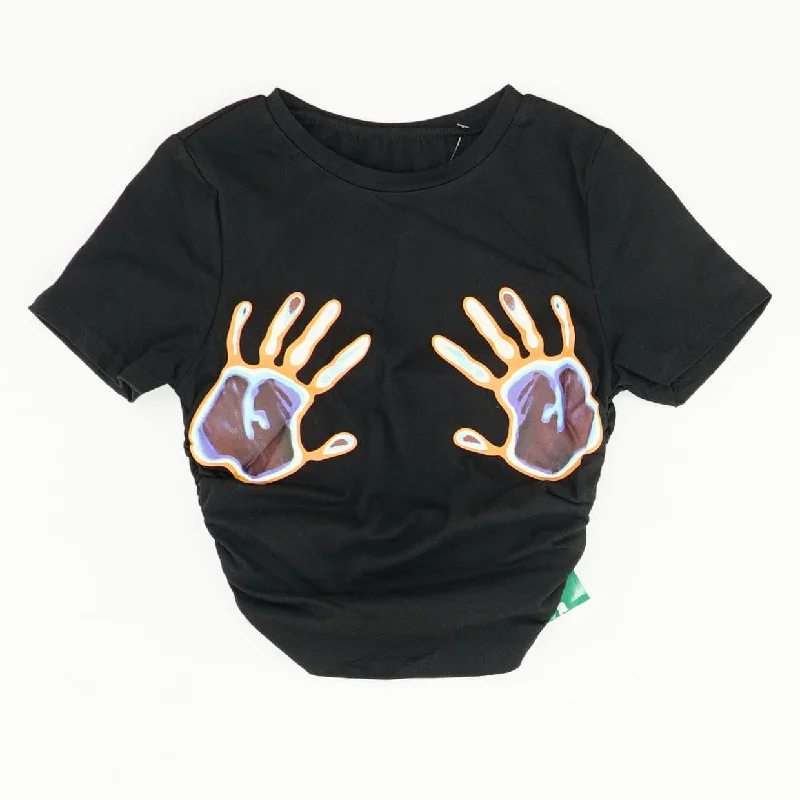 Black Graphic Cropped T-Shirt Satin Blend Silk Blend Wool Blend