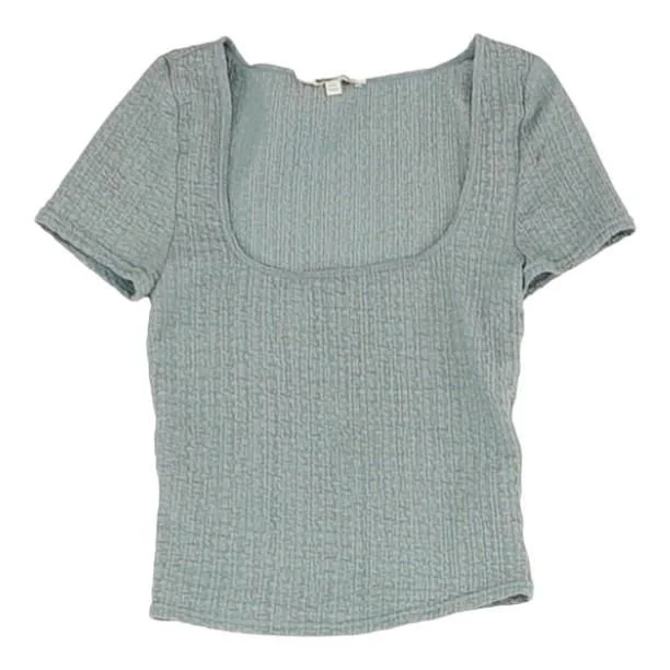Blue Solid Cropped T-Shirt Satin Blend Silk Blend Wool Blend