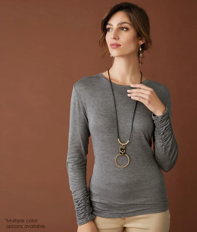 Coco & Carmen Scrunch Sleeve Crew Neck Tee in Medium Heather Grey Ribbed T-Shirt High Neck Heavyweight Coco & Carmen Scrunch Sleeve Crew Neck Tee in Medium Heather Grey Ribbed T-Shirt High Neck Heavyweight