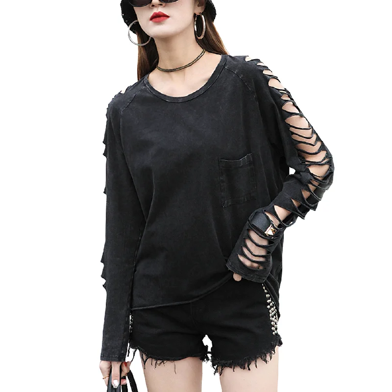 Gothic Women's T-Shirt with Long Sleeve / Black Loose Slim Hollow Pullover Welt Pockets Slit Pockets Gothic Women's T-Shirt with Long Sleeve / Black Loose Slim Hollow Pullover Welt Pockets Slit Pockets