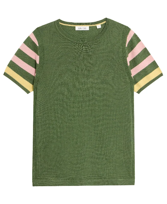 Merino Wool Crew Tee Jumper - Green Multi Denim Fabric Leather Fabric Suede Fabric