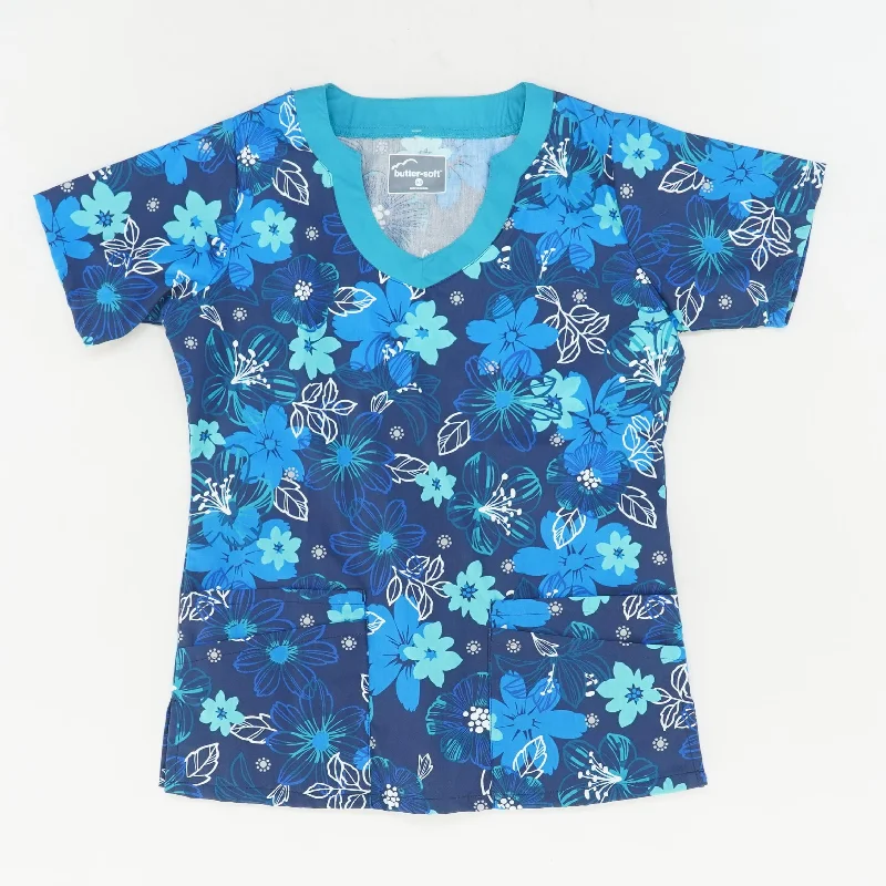 Navy Floral Scrub T-Shirt Lace Blend Ribbed Blend Corduroy Blend