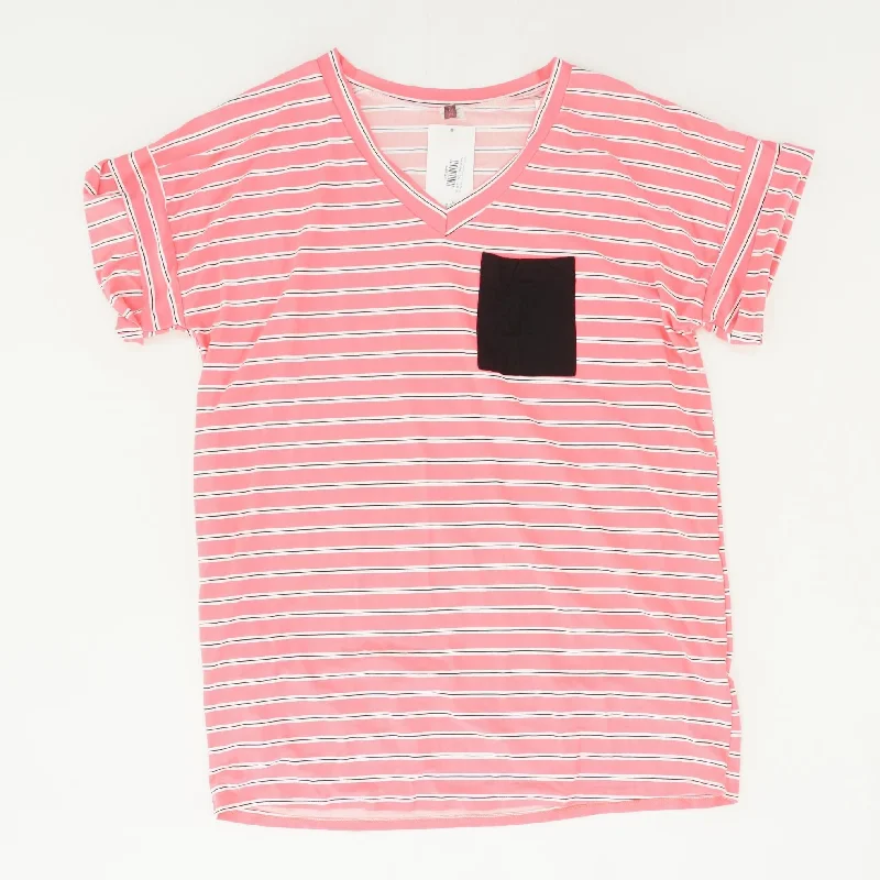Neon Pink Striped V Neck T-Shirt Anti-Shrink Durable Soft
