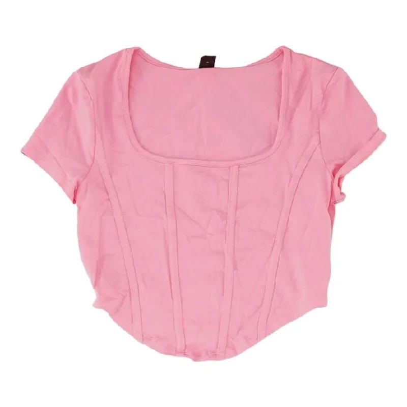 Pink Solid Cropped T-Shirt Mesh Fabric Canvas Fabric Denim Fabric