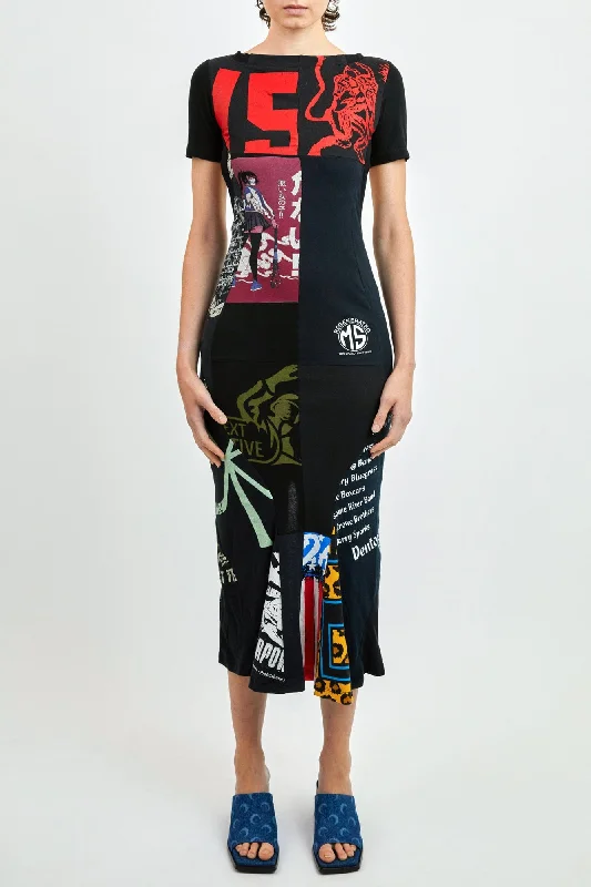 Marine Serre Regenerated Graphic T-Shirt Maxi Dress in Black Ribbed Striped Patterned Marine Serre Regenerated Graphic T-Shirt Maxi Dress in Black Ribbed Striped Patterned